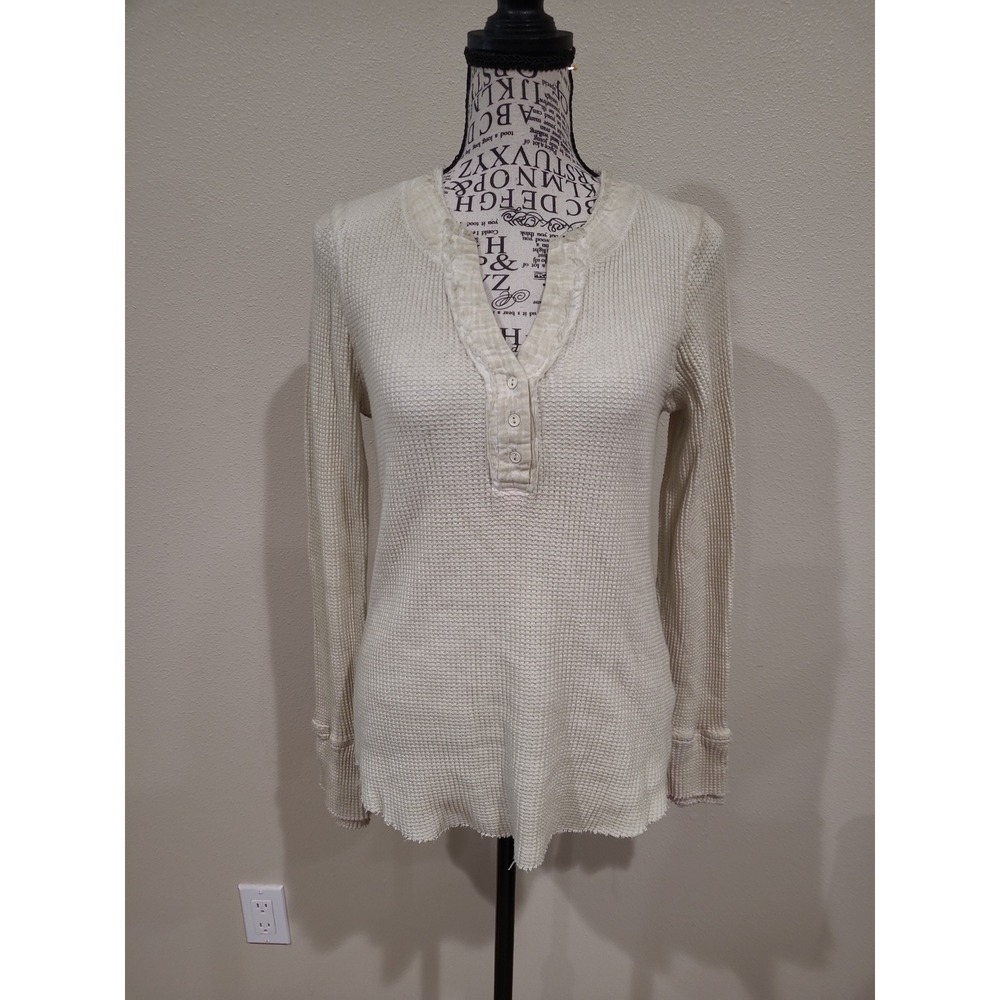 Tribal‎ Jeans Thermal Waffle Knit Henley Top w/ raw edge detail Women SZ S boho